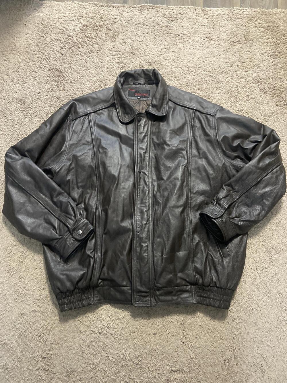 Phase Two Jacket Mens 3XLT Black Leather Bomber Full Zip Lined Elastic Hem